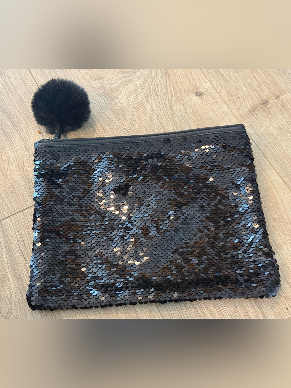 Black Sequin Pouch with Pom Pom Accent